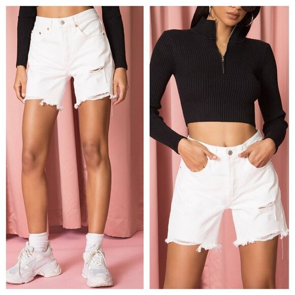 Levi's 501 High Rise Mid Thigh Shorts Button Fly in White Women's 25 Distressed - Picture 1 of 10